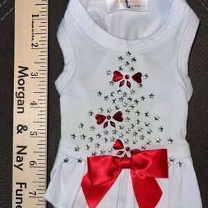 HELLO DOGGIE! White Dress w/ Silver Stars Red Hearts & Bow XXS Puppy Dog Outfit